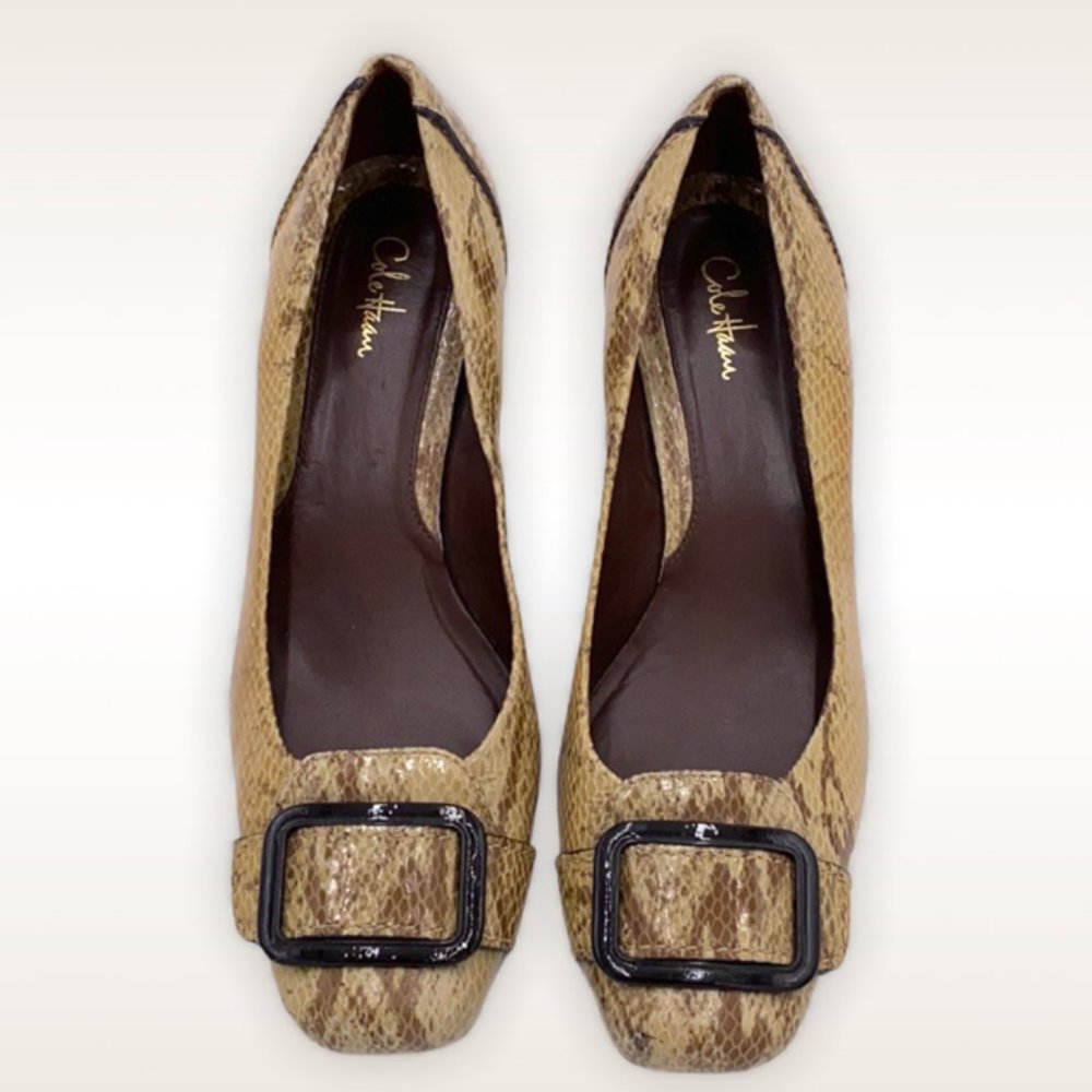 Cole Haan snake print leather kitten heels.